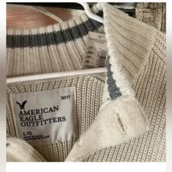 American eagle cable knit beige classic pullover men's sweater thick soft cotton - Picture 5 of 8